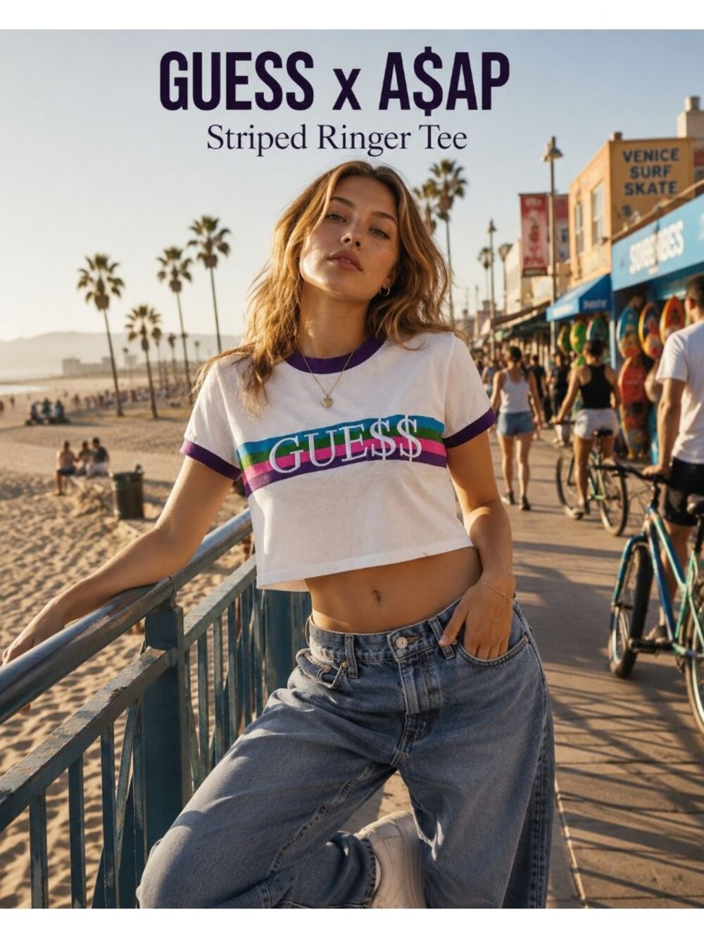 Guess x A$AP Rocky Boxy Ringer Crop Tee Embroidered Sz XS